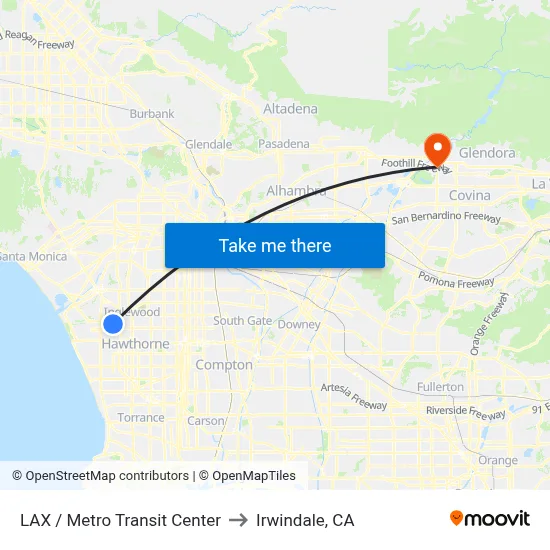 LAX / Metro Transit Center to Irwindale, CA map