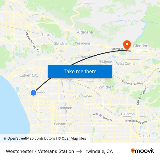 Westchester / Veterans Station to Irwindale, CA map