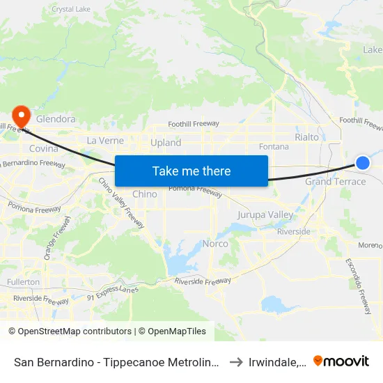 San Bernardino - Tippecanoe Metrolink Station to Irwindale, CA map
