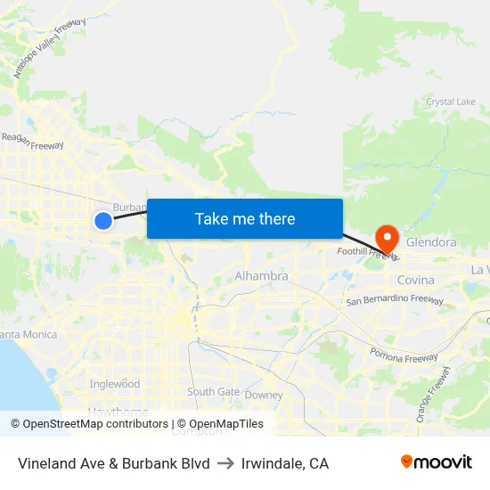 Vineland Ave & Burbank Blvd to Irwindale, CA map