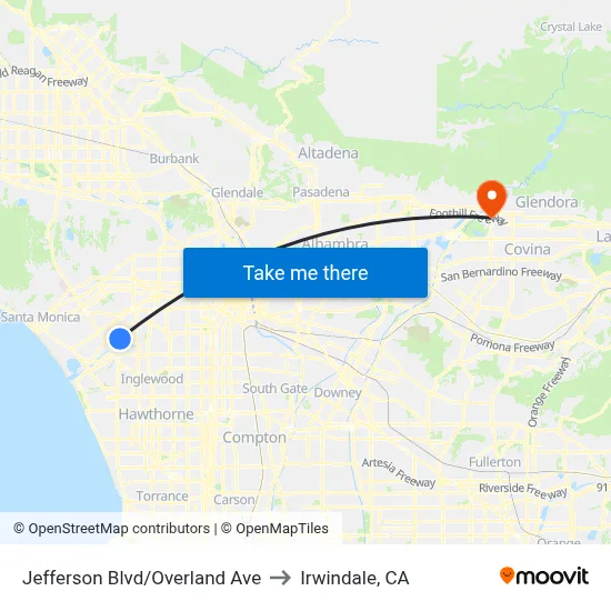 Jefferson Blvd/Overland Ave to Irwindale, CA map