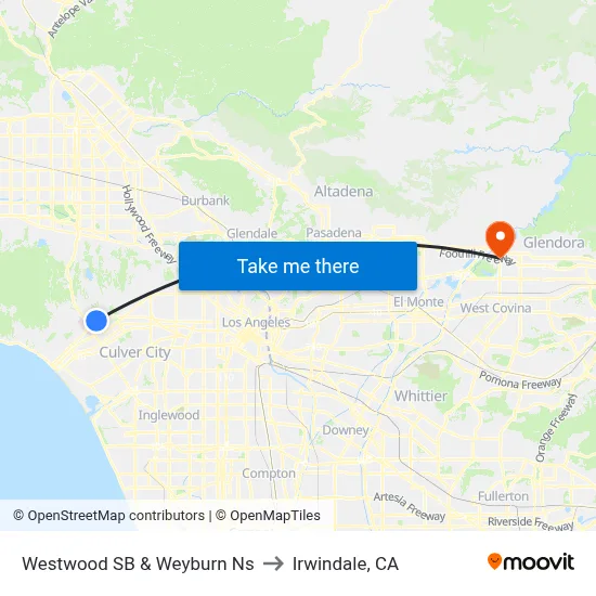 Westwood SB & Weyburn Ns to Irwindale, CA map