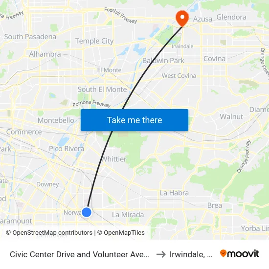 Civic Center Drive and Volunteer Avenue to Irwindale, CA map