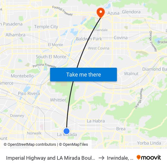 Imperial Highway and LA Mirada Boulevard to Irwindale, CA map
