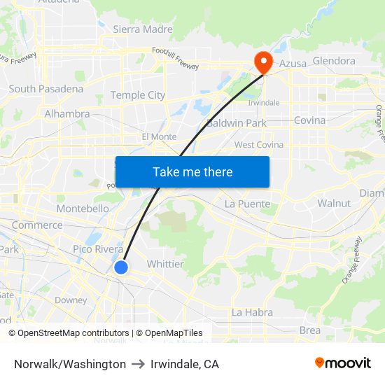 Norwalk/Washington to Irwindale, CA map