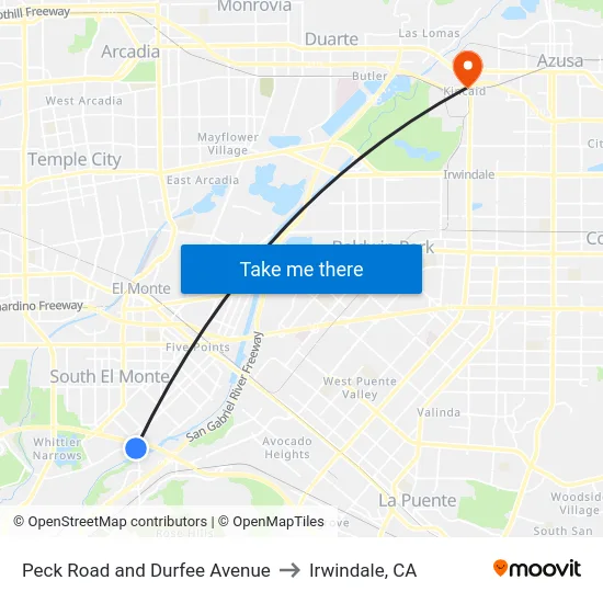 Peck Road and Durfee Avenue to Irwindale, CA map