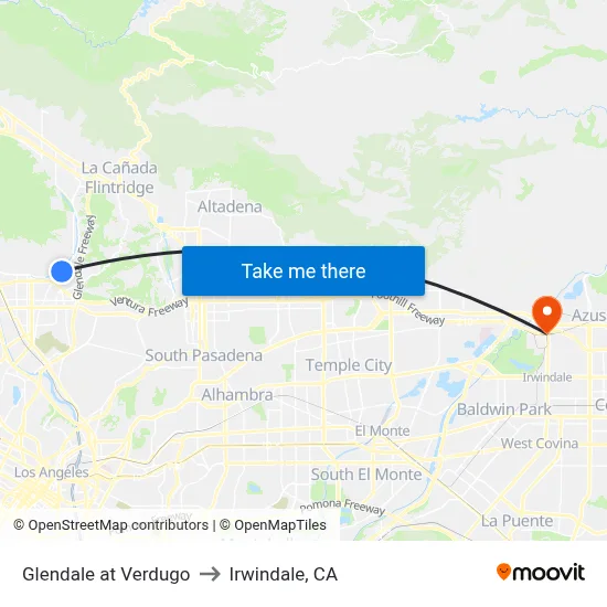 Glendale at Verdugo to Irwindale, CA map