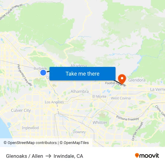 Glenoaks / Allen to Irwindale, CA map