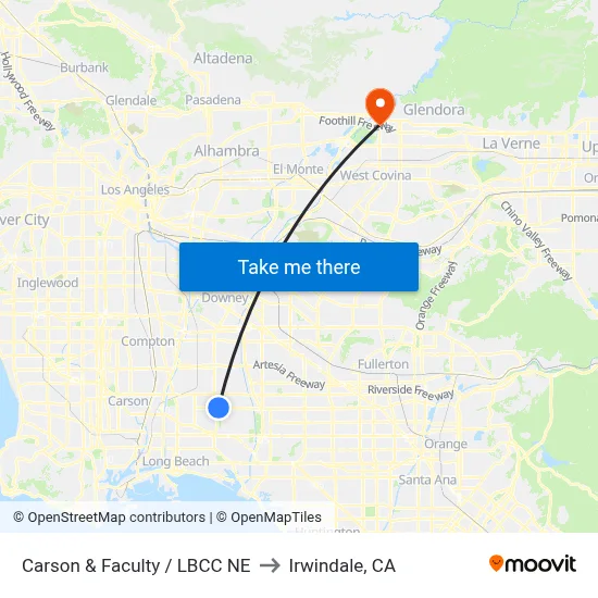 Carson & Faculty / LBCC NE to Irwindale, CA map