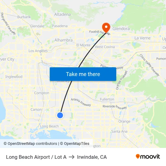 Long Beach Airport / Lot A to Irwindale, CA map