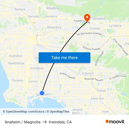 Anaheim / Magnolia to Irwindale, CA map