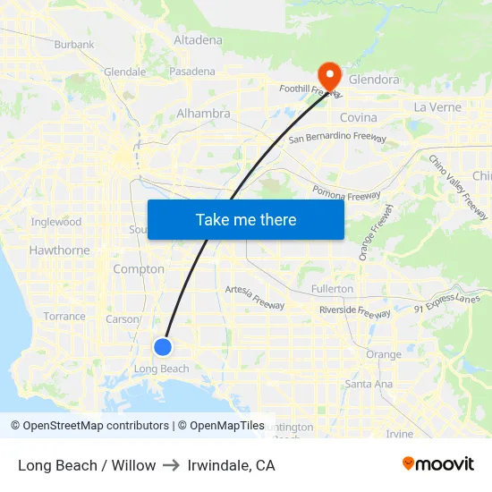 Long Beach / Willow to Irwindale, CA map