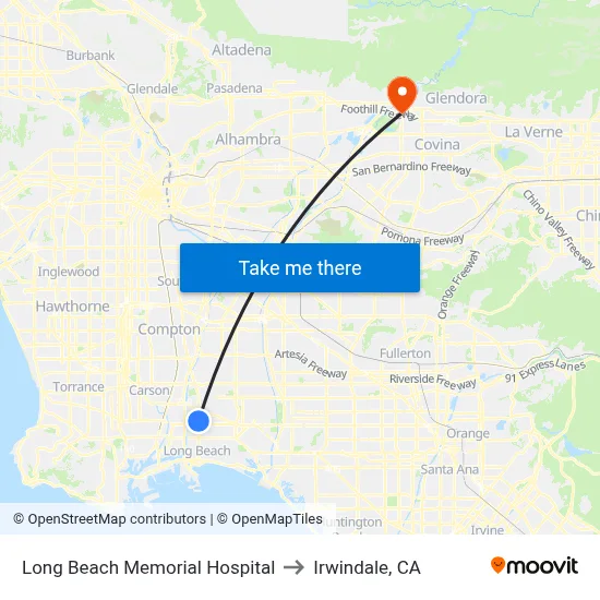 Long Beach Memorial Hospital to Irwindale, CA map