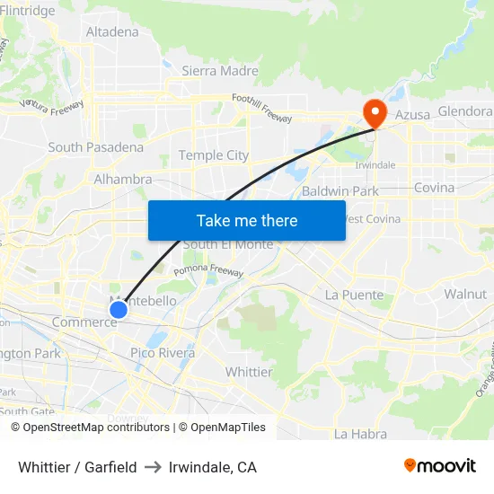 Whittier / Garfield to Irwindale, CA map