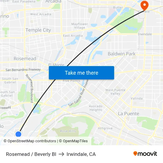 Rosemead / Beverly Bl to Irwindale, CA map