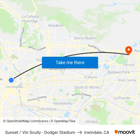 Sunset / Vin Scully - Dodger Stadium to Irwindale, CA map