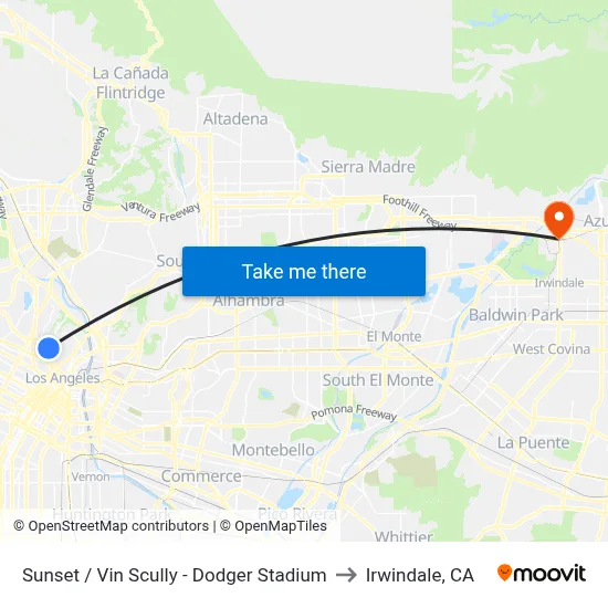 Sunset / Vin Scully - Dodger Stadium to Irwindale, CA map