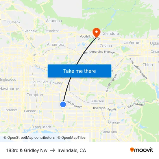 183rd & Gridley Nw to Irwindale, CA map