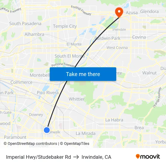Imperial / Studebaker to Irwindale, CA map