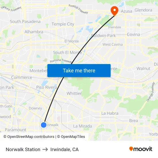 Norwalk Station to Irwindale, CA map