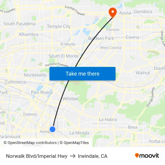 Norwalk Blvd/Imperial Hwy to Irwindale, CA map