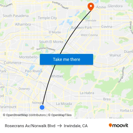 Rosecrans Av/Norwalk Blvd to Irwindale, CA map