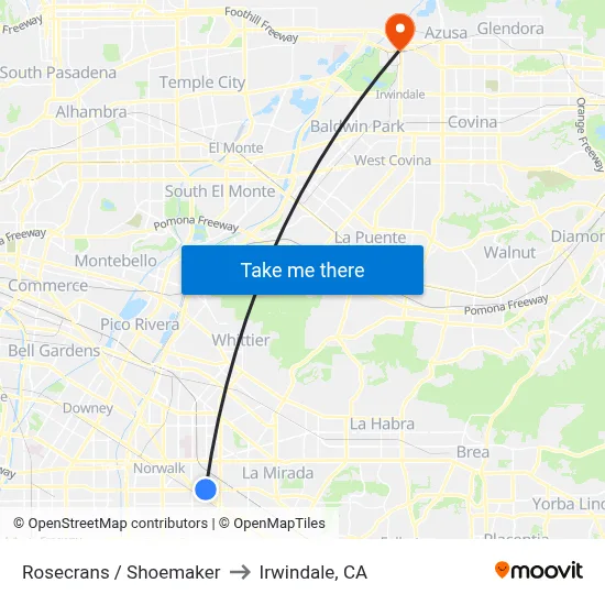 Rosecrans / Shoemaker to Irwindale, CA map