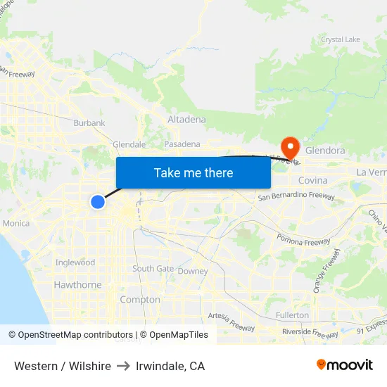 Western / Wilshire to Irwindale, CA map