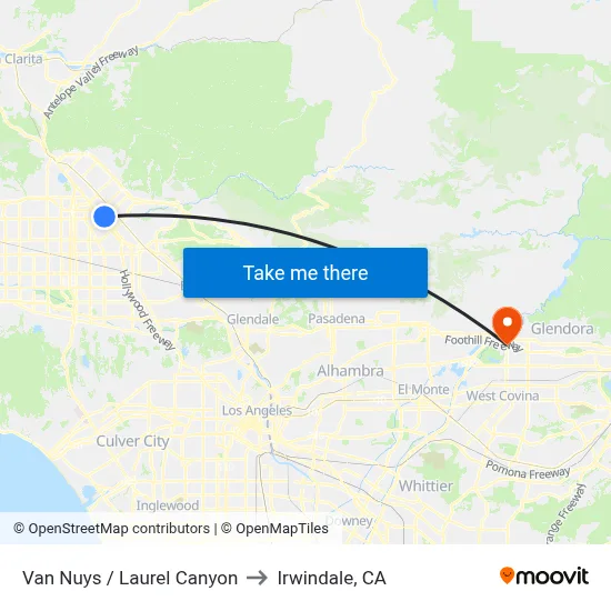 Van Nuys / Laurel Canyon to Irwindale, CA map