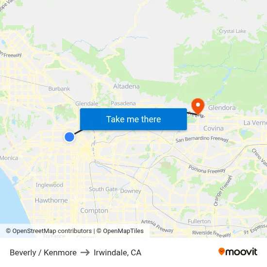 Beverly / Kenmore to Irwindale, CA map