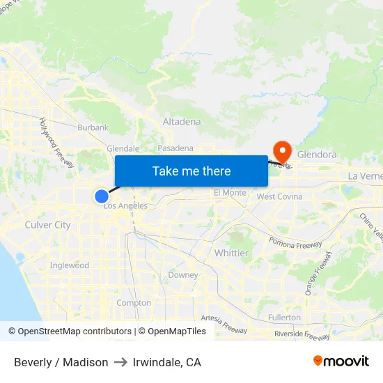 Beverly / Madison to Irwindale, CA map