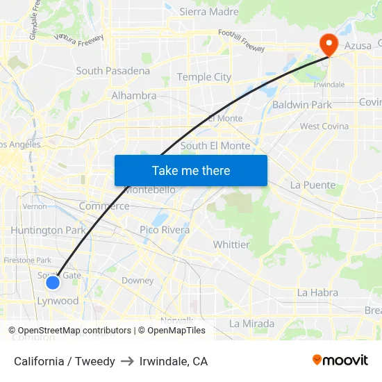 California / Tweedy to Irwindale, CA map