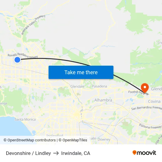 Devonshire / Lindley to Irwindale, CA map