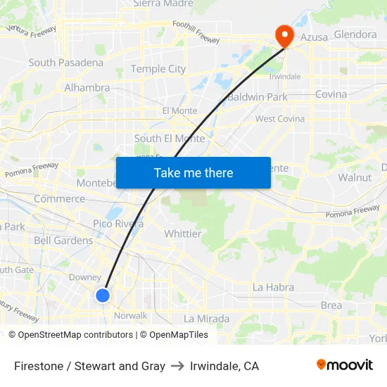 Firestone / Stewart and Gray to Irwindale, CA map
