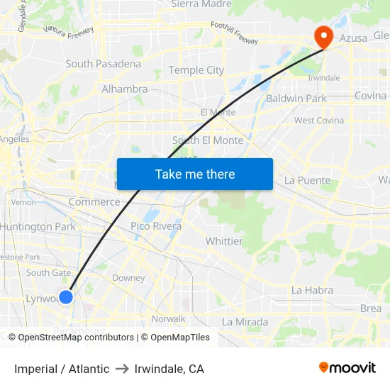 Imperial / Atlantic to Irwindale, CA map