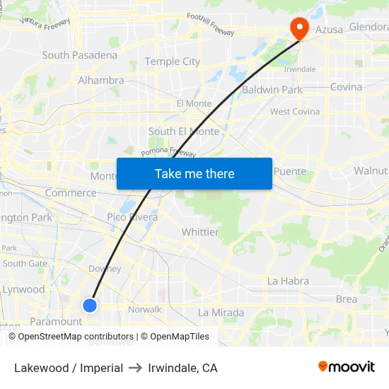 Lakewood / Imperial to Irwindale, CA map