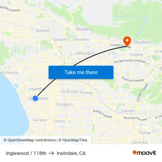 Inglewood / 118th to Irwindale, CA map
