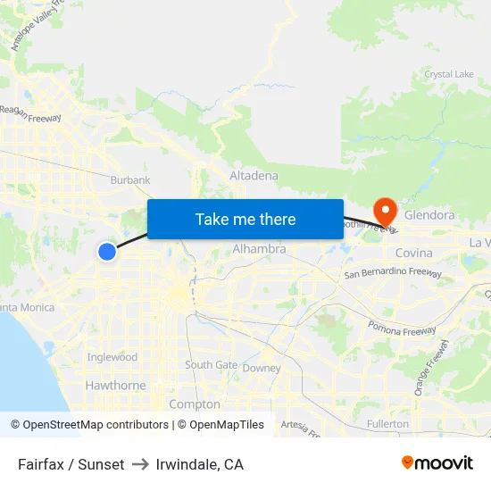 Fairfax / Sunset to Irwindale, CA map