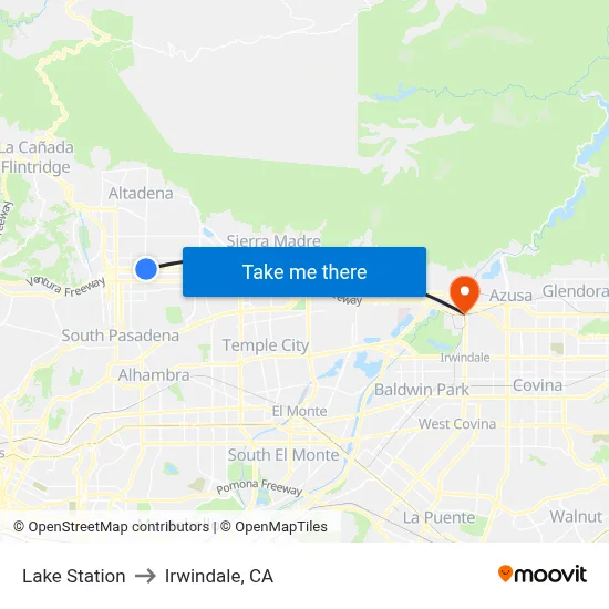 Lake Station to Irwindale, CA map