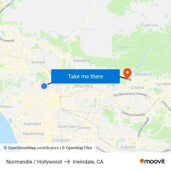 Normandie / Hollywood to Irwindale, CA map