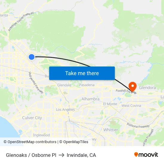 Glenoaks / Osborne Pl to Irwindale, CA map