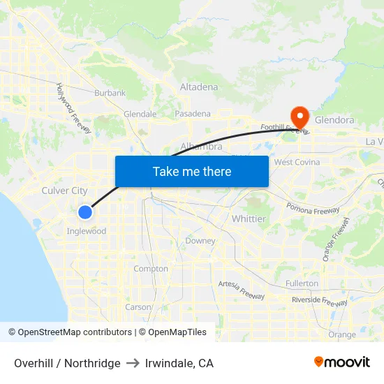 Overhill / Northridge to Irwindale, CA map