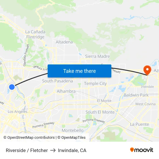 Riverside / Fletcher to Irwindale, CA map