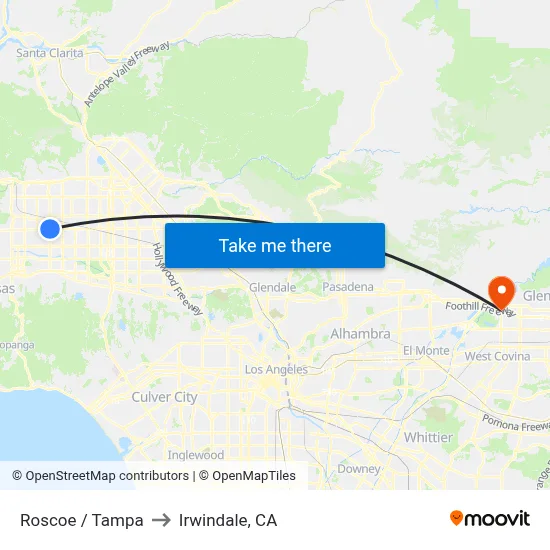 Roscoe / Tampa to Irwindale, CA map