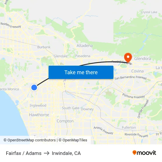Fairfax / Adams to Irwindale, CA map