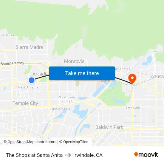 The Shops at Santa Anita to Irwindale, CA map
