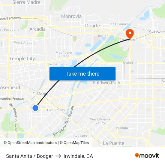 Santa Anita / Bodger to Irwindale, CA map