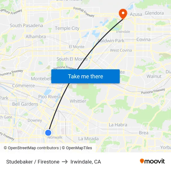 Studebaker / Firestone to Irwindale, CA map