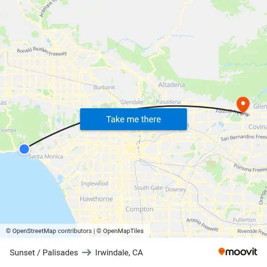 Sunset / Palisades to Irwindale, CA map