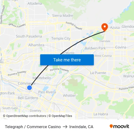 Telegraph / Commerce Casino to Irwindale, CA map